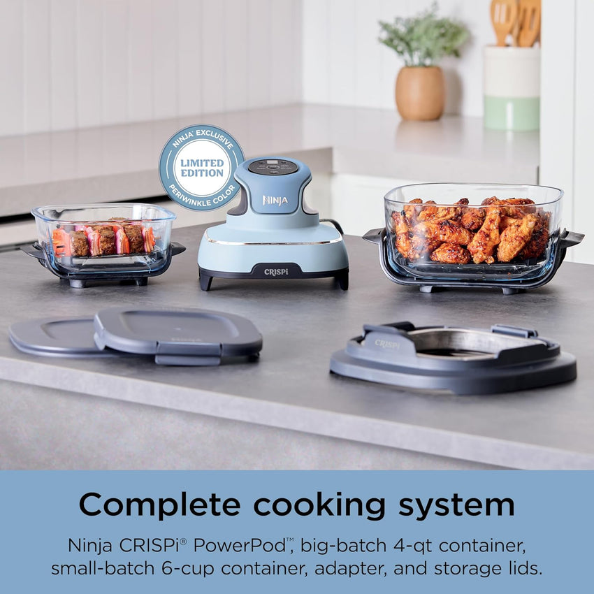 Ninja Crispi 4-in-1 Portable Glass Air Fryer Cooking System, 4QT & 6Cup Glass Containers with Storage Lids, Easy Meals, Microwave, Freezer & Dishwasher Safe, Air Fry, Bake, & More, Periwinkle, FN101PL