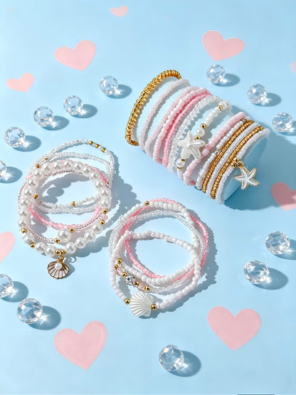 FAXHION Boho Gold Beaded Bracelets for Women, Starfish & Shell Pendant Bracelet Stack, Gold Bracelet Set Summer Beach Jewelry Gifts