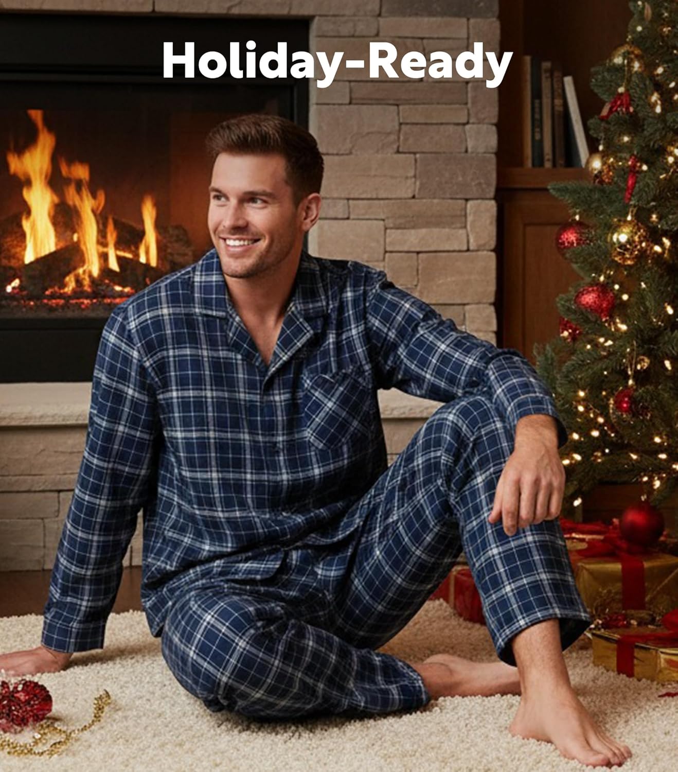 DAVID ARCHY Men's Pajamas Set Flannel Pjs Sets Ultra-Soft Cotton Pajamas for Men Classic Plaid Lounge Set with Roomy Pockets