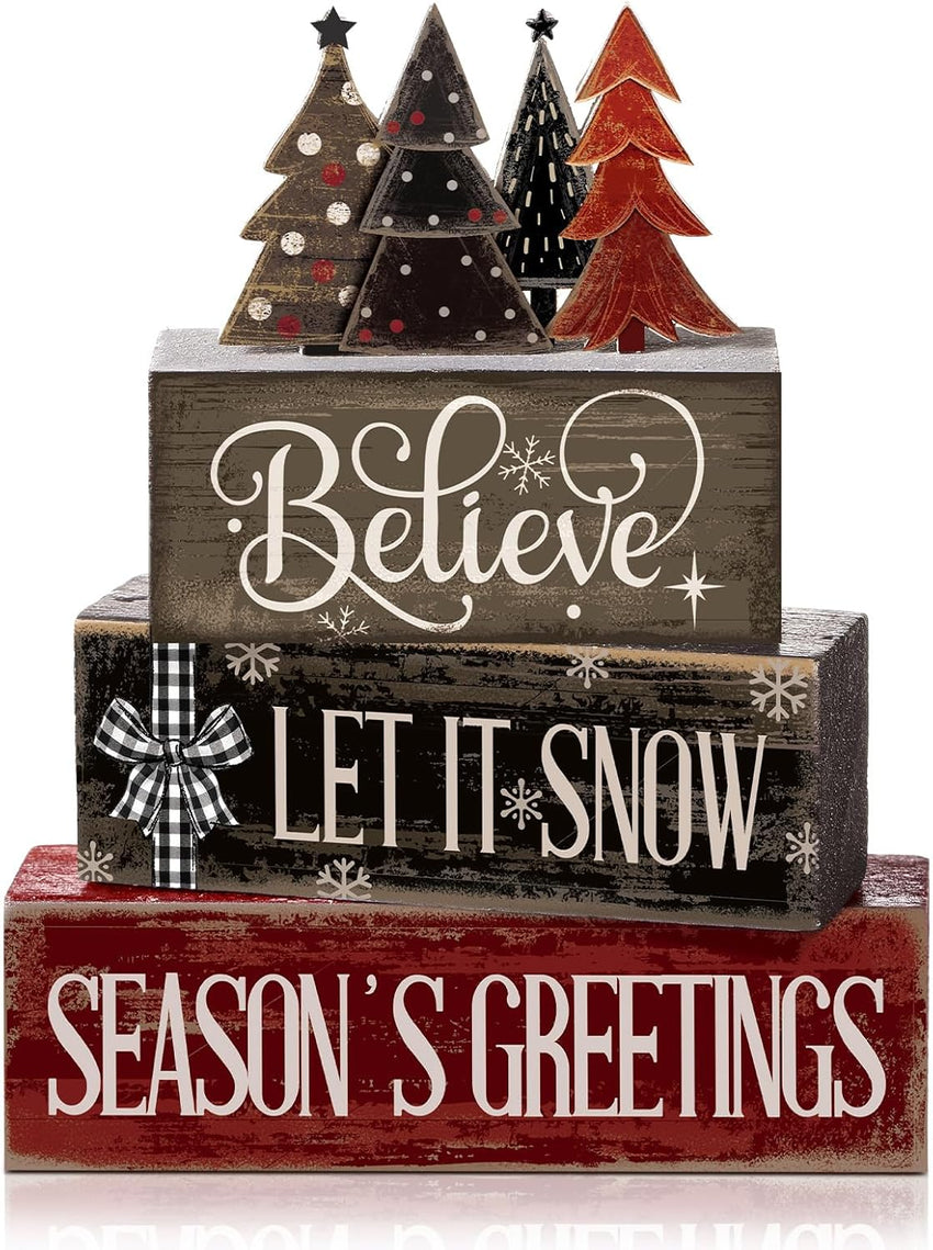 4 Pcs Christmas Table Decor Wooden Hot Cocoa Decoration Christmas Centerpiece Winter Tiered Tray Decor Decorative Red Hot Cocoa Block Signs Gift Farmhouse Xmas Decoration for Home Kitchen