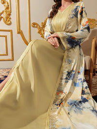 Abaya for Women Floral Embroidered Muslim Dress V-Neck Arabian Maxi Robe