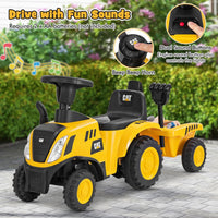 HONEY JOY Kids Ride on Tractor, Licensed Caterpillar Ride On Push Car for Toddlers, Detachable Trailer, Shovel & Rake, Horn, Engine Sound, LED Lights, No Power Ride On Toy for Boys Girls (Yellow)