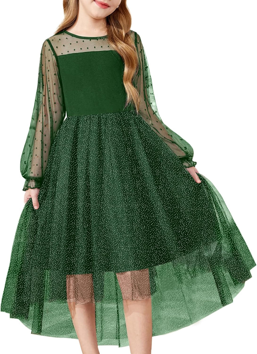 Arshiner Girls Dresses Contrast Mesh Long Sleeve Twirly High Low Birthday Party Formal Dress