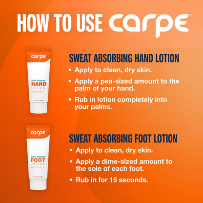 Carpe Sweat Absorbing Hand and Foot Lotion Bundle (3 Hand and 3 Foot Tubes), Stop Sweaty Hands and Sweaty, Smelly Feet, Dermatologist-Recommended
