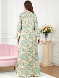 FYMNSI Abaya Dress for Women Muslim Modest Maxi Robe Floral V Neck Eid Prayer Dresses Dubai Clothing Arabian Islamic Kaftan