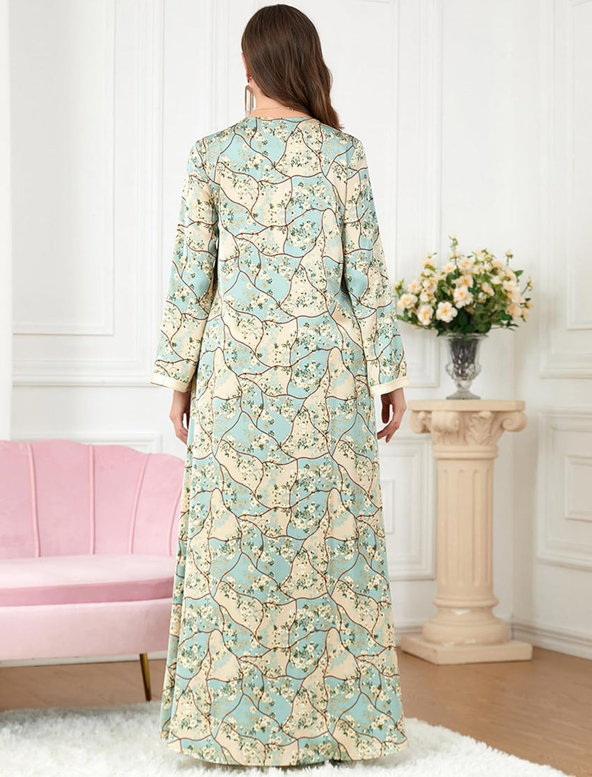 FYMNSI Abaya Dress for Women Muslim Modest Maxi Robe Floral V Neck Eid Prayer Dresses Dubai Clothing Arabian Islamic Kaftan