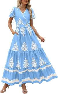 PRETTYGARDEN Womens 2025 Summer Casual V Neck Boho Maxi Dress Flowy Aline Bell Sleeve Tiered Floral Dresses with Pocket