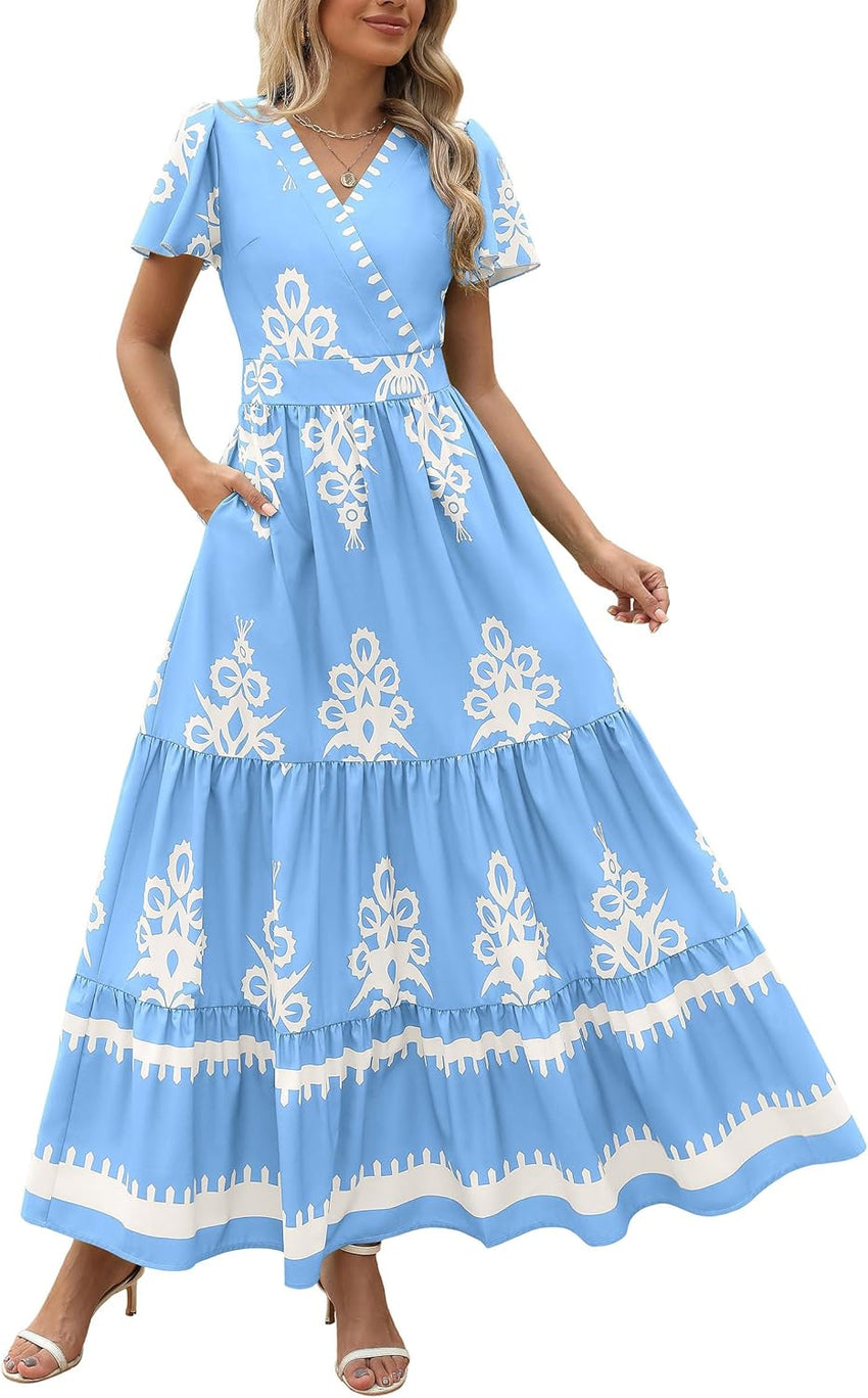 PRETTYGARDEN Womens 2025 Summer Casual V Neck Boho Maxi Dress Flowy Aline Bell Sleeve Tiered Floral Dresses with Pocket