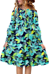 Yoklass Girls Smocked Dress Casual Puff Long Sleeve Ruffle Neck Dresses 4-13 Years