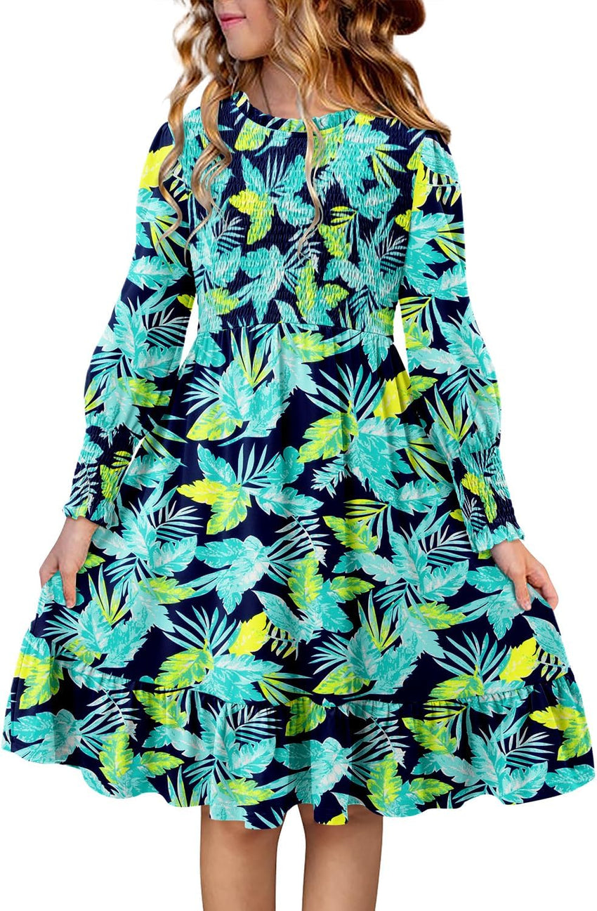 Yoklass Girls Smocked Dress Casual Puff Long Sleeve Ruffle Neck Dresses 4-13 Years