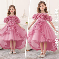 Girl's Princess Dress, Birthday Party, Pageant Gown - Ruffle Tulle Satin Princess Dresses with Kids Train