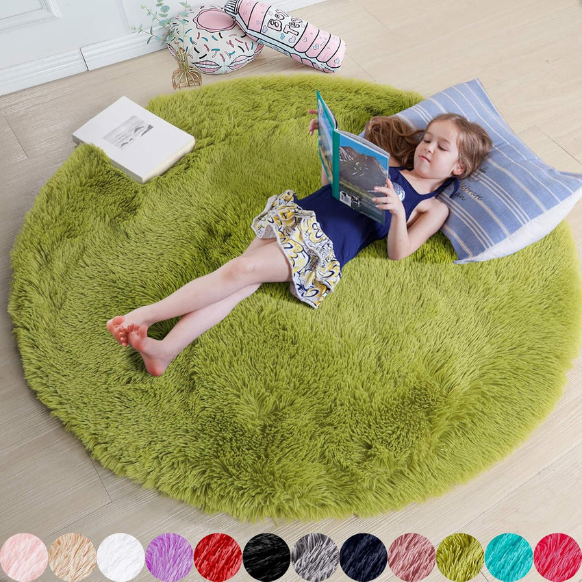Amdrebio Light Pink Round Rug 4Ft for Girls Bedroom, Fluffy Circle Area Rugs for Kids Room Decor Aesthetic, Cute Shag Fuzzy Carpet for Nursery, Preppy Dorm, Classroom, Playroom, Teen, Baby, Washable