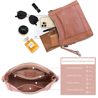 Iswee Leather Crossbody Bags for Women Shoulder Purse Medium Hobo Genuine Leather Satchel Purses and Handbags
