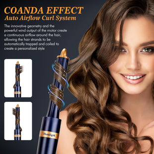 6-in-1 Hair Dryer Brush & Curling Iron Set, Hot Air Styler Hair Curler for Fast Drying, Smoothing & Volumizing, No Heat Damage, Professional Blowout Tool with Travel Case - Prussian Blue