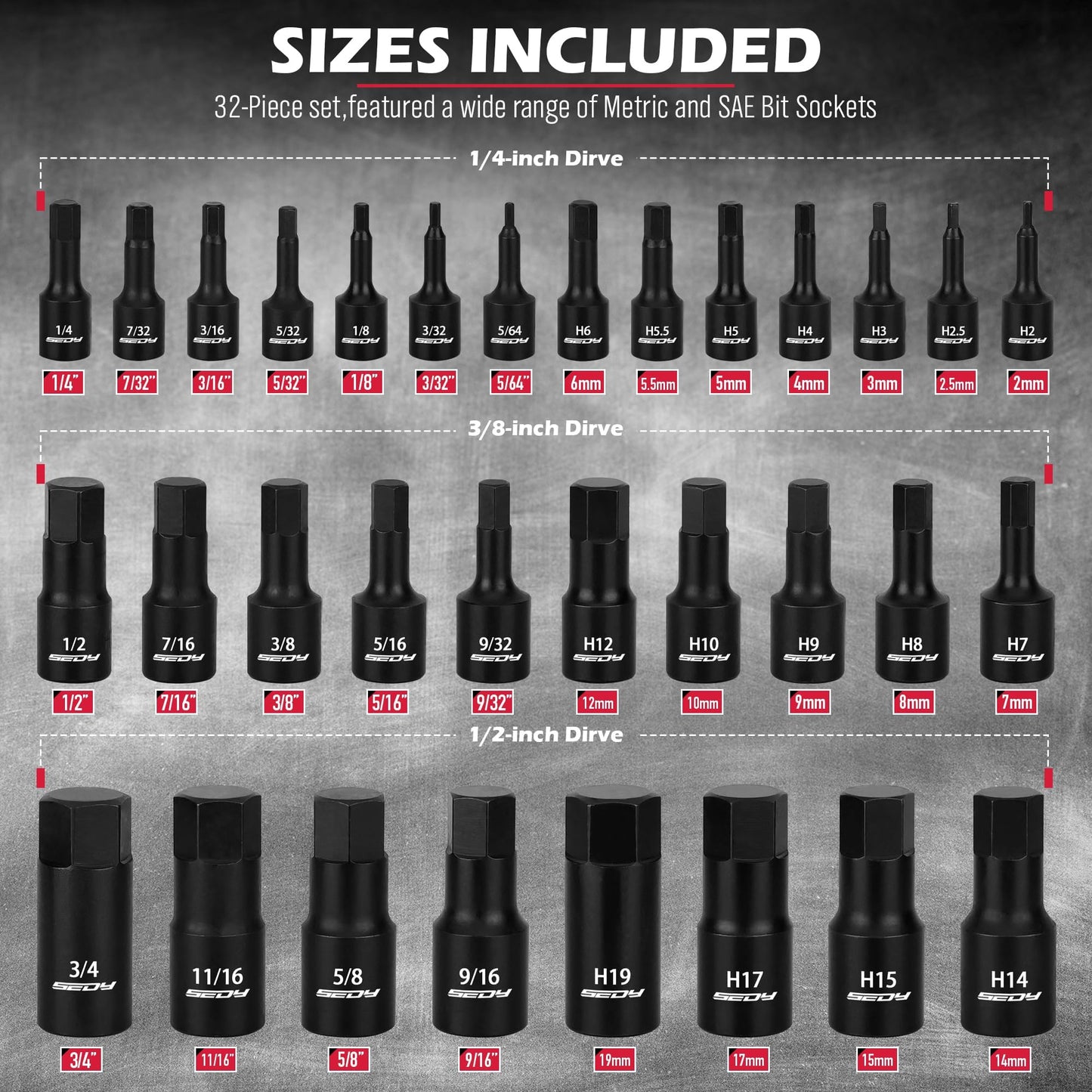 Hex Bit Impact Socket Set: 36-Piece with 4 Adapters, 1/4" 3/8" 1/2" Drive Master Allen Impact Socket Set, SAE and Metric, H5-H19 & 3/4"-5/64", Heavy Duty Storage Case, Automotive Mechanic