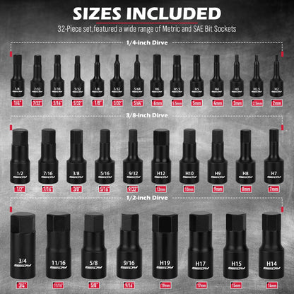 Hex Bit Impact Socket Set: 36-Piece with 4 Adapters, 1/4" 3/8" 1/2" Drive Master Allen Impact Socket Set, SAE and Metric, H5-H19 & 3/4"-5/64", Heavy Duty Storage Case, Automotive Mechanic