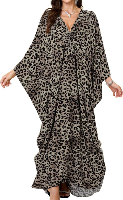 Women Kaftan Dresses Plus Size V-Neck Batwing Sleeves Beach Cover Up 2025 Summer Floral Print Caftan Dress