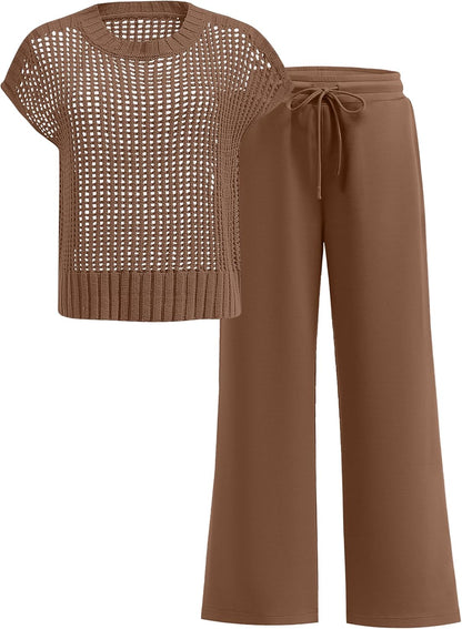 ANRABESS Women Two Piece Outfits Crochet Sheer Knit Sweater Top Wide Leg Pants Lounge Matching Sets Sweatsuit Travel Clothes