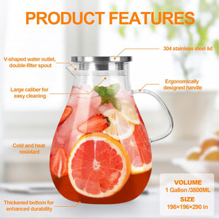 Glass Pitcher with Lid,1 Gallon Glass Water Pitcher Hot/Cold Water Jug, Juice and Iced Tea Beverage Carafe with Lid (Extra-Wide Mouth)