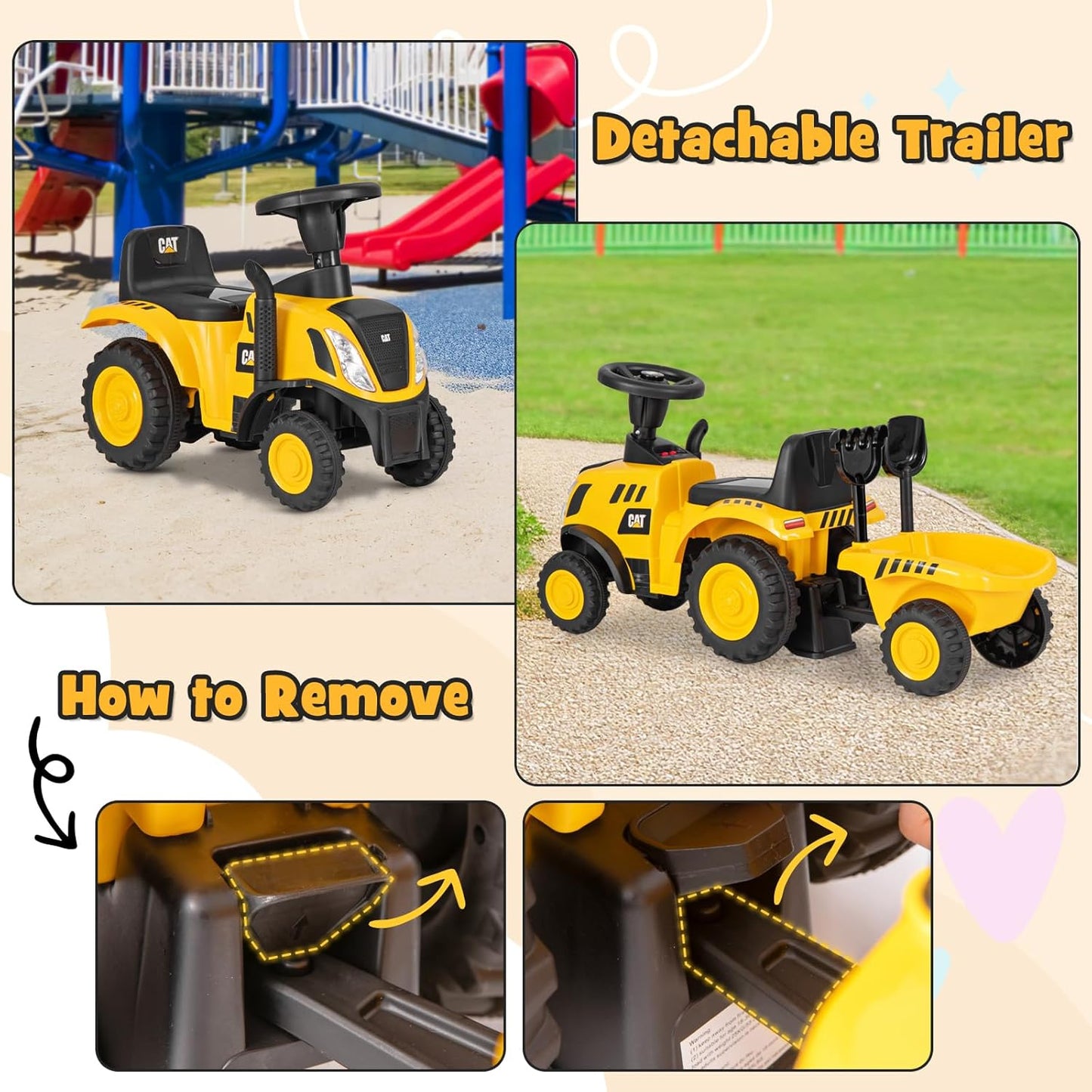 HONEY JOY Kids Ride on Tractor, Licensed Caterpillar Ride On Push Car for Toddlers, Detachable Trailer, Shovel & Rake, Horn, Engine Sound, LED Lights, No Power Ride On Toy for Boys Girls (Yellow)