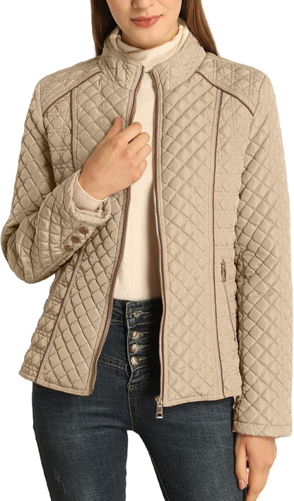 Bellivera Women's Stand Collar Lightweight Quilted Puffer Jacket Padded Zip Coat for Spring and Winter