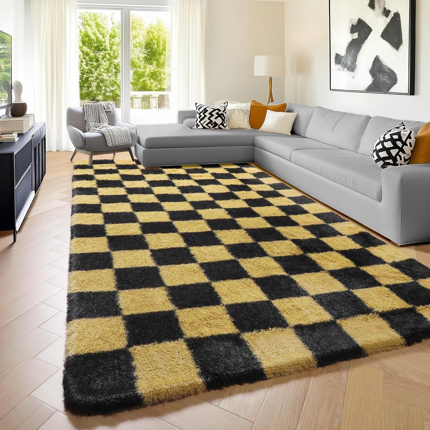 KICMOR Navy Blue and Cream White Rugs for Living Room, 4x6 Fluffy Fuzzy Shag Checkered Rug Shaggy Carpet for Bedroom, Soft Plush Area Rug for Nursery Toddler Room Classroom Study Room Kids Room
