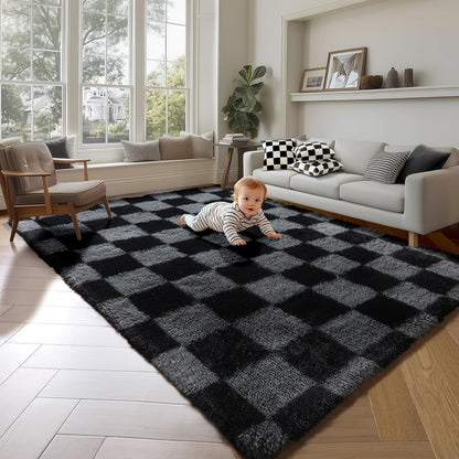 KICMOR Navy Blue and Cream White Rugs for Living Room, 4x6 Fluffy Fuzzy Shag Checkered Rug Shaggy Carpet for Bedroom, Soft Plush Area Rug for Nursery Toddler Room Classroom Study Room Kids Room