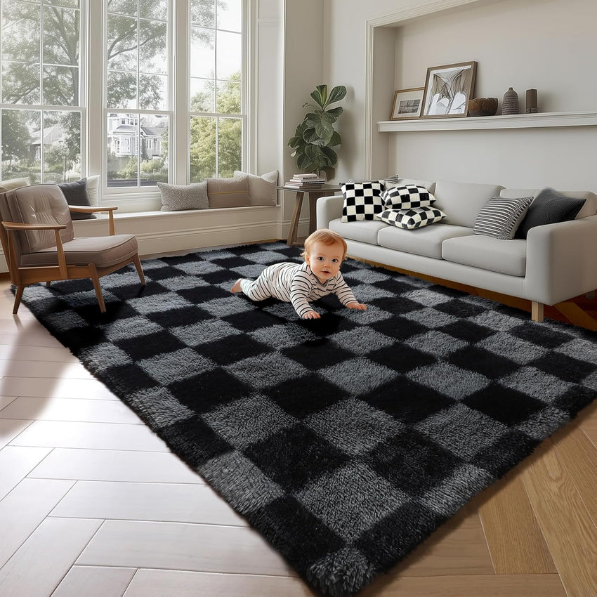 KICMOR Navy Blue and Cream White Rugs for Living Room, 4x6 Fluffy Fuzzy Shag Checkered Rug Shaggy Carpet for Bedroom, Soft Plush Area Rug for Nursery Toddler Room Classroom Study Room Kids Room