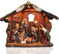 Bshine Nativity Scene Set Christmas Decor, Wooden Stable with LED Lights 12.4x9.05 Holy Family with Manger Baby Jesus Figurine, Nativity Scene Indoor Decor Home Desktop Collectible Ornaments