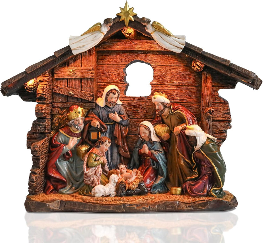 Bshine Nativity Scene Set Christmas Decor, Wooden Stable with LED Lights 12.4x9.05 Holy Family with Manger Baby Jesus Figurine, Nativity Scene Indoor Decor Home Desktop Collectible Ornaments