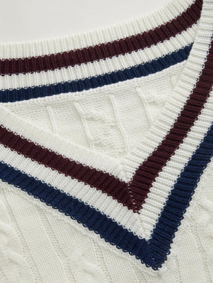 CIDER Cable Knit Sweater Women V Neck Long Sleeve Pullover Striped Trim Regular Fit Knit Top Fall Sweaters