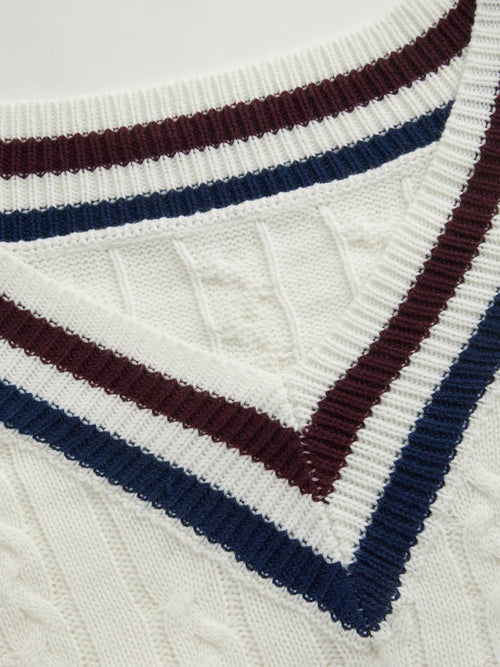 CIDER Cable Knit Sweater Women V Neck Long Sleeve Pullover Striped Trim Regular Fit Knit Top Fall Sweaters