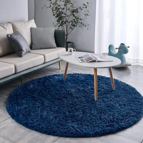 FJZFING Navy Blue Round Rug Ultra-Soft Plush Modern 4x4 Circle Area Rug for Kid's Bedroom, Fluffy Shag Circular Rug for Nursery Room, Non-Slip Home Decor Cute Navy Blue Carpet for Teen's Room