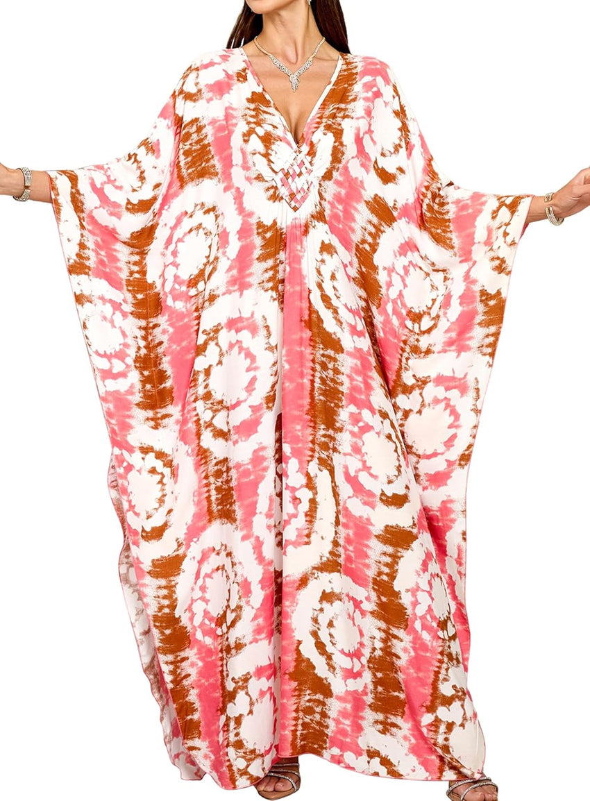 Women Kaftan Dresses Plus Size V-Neck Batwing Sleeves Beach Cover Up 2025 Summer Floral Print Caftan Dress