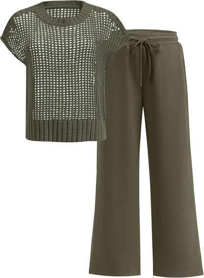 ANRABESS Women Two Piece Outfits Crochet Sheer Knit Sweater Top Wide Leg Pants Lounge Matching Sets Sweatsuit Travel Clothes