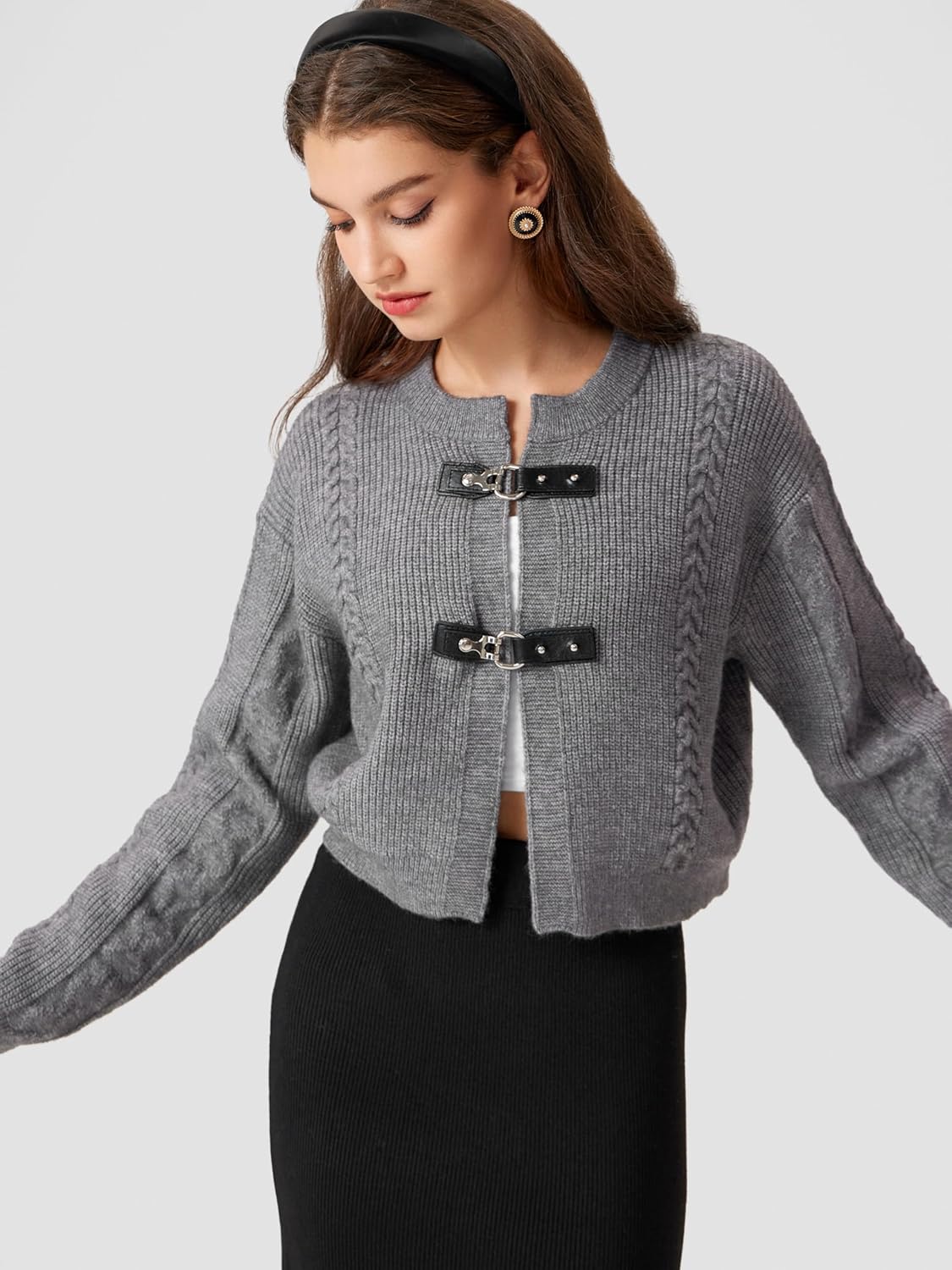 CIDER Cardigan Sweater for Women Round Neck Buckle Sweater Knitted Crop Top Long Sleeve Open Front Outerwear