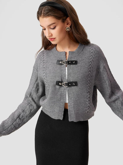 CIDER Cardigan Sweater for Women Round Neck Buckle Sweater Knitted Crop Top Long Sleeve Open Front Outerwear