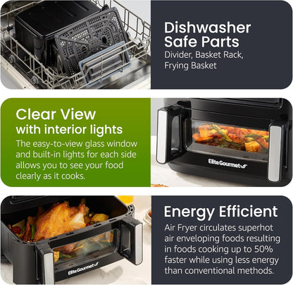 Elite Gourmet EAF1055D Dual Zone Air Fryer Oven, 11QT. Capacity with Divider, Sync Finish, Dishwasher Safe Basket, 10 Preset Functions, 1600-Watts, with Recipe Booklet, Black