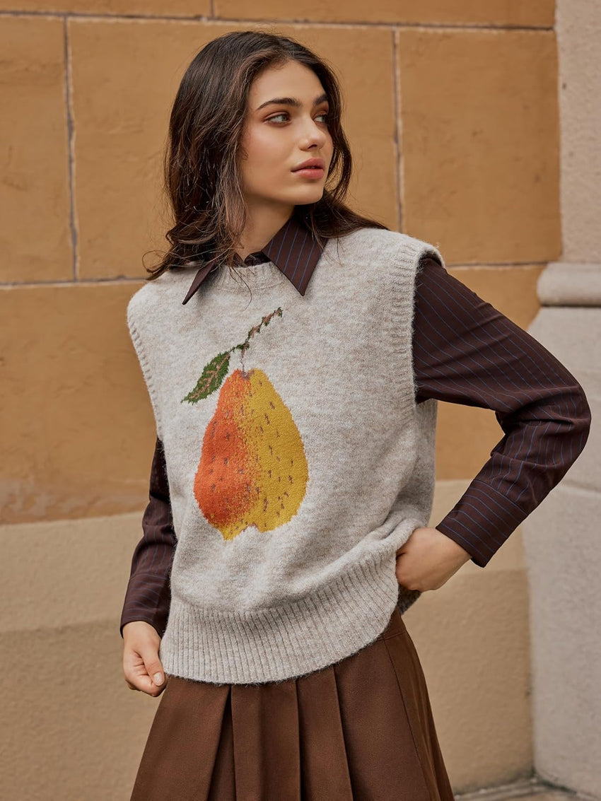 CIDER Women’s Sweater Vest Knit Sleeveless Pear Cute Graphic Sweater Vest Tank Top Fall Outfits