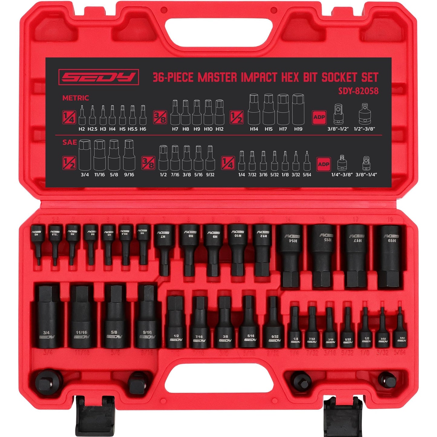 Hex Bit Impact Socket Set: 36-Piece with 4 Adapters, 1/4" 3/8" 1/2" Drive Master Allen Impact Socket Set, SAE and Metric, H5-H19 & 3/4"-5/64", Heavy Duty Storage Case, Automotive Mechanic