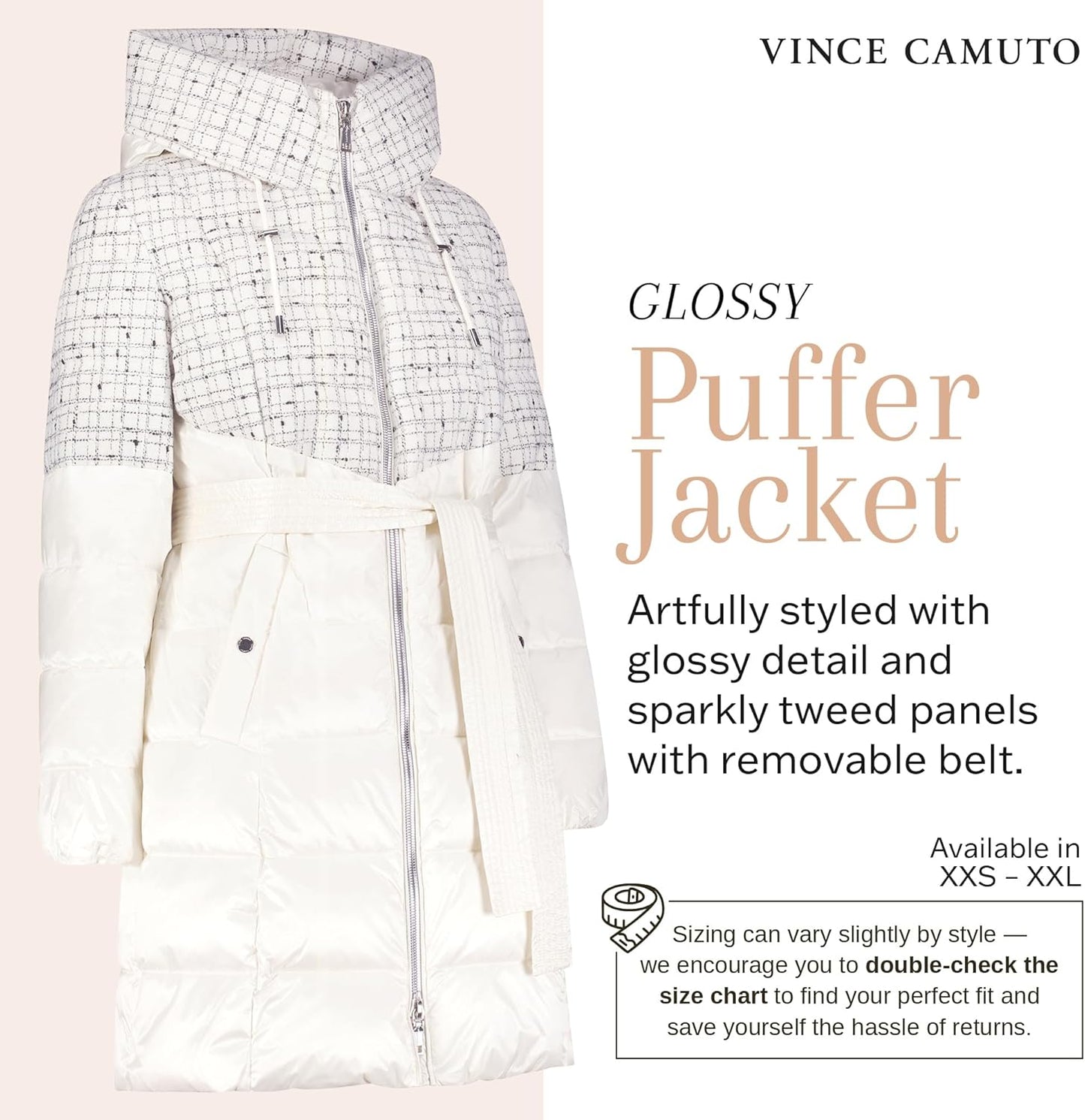 Vince Camuto Hooded Women's Puffer Jacket Womens Winter Coat with Removable Belt