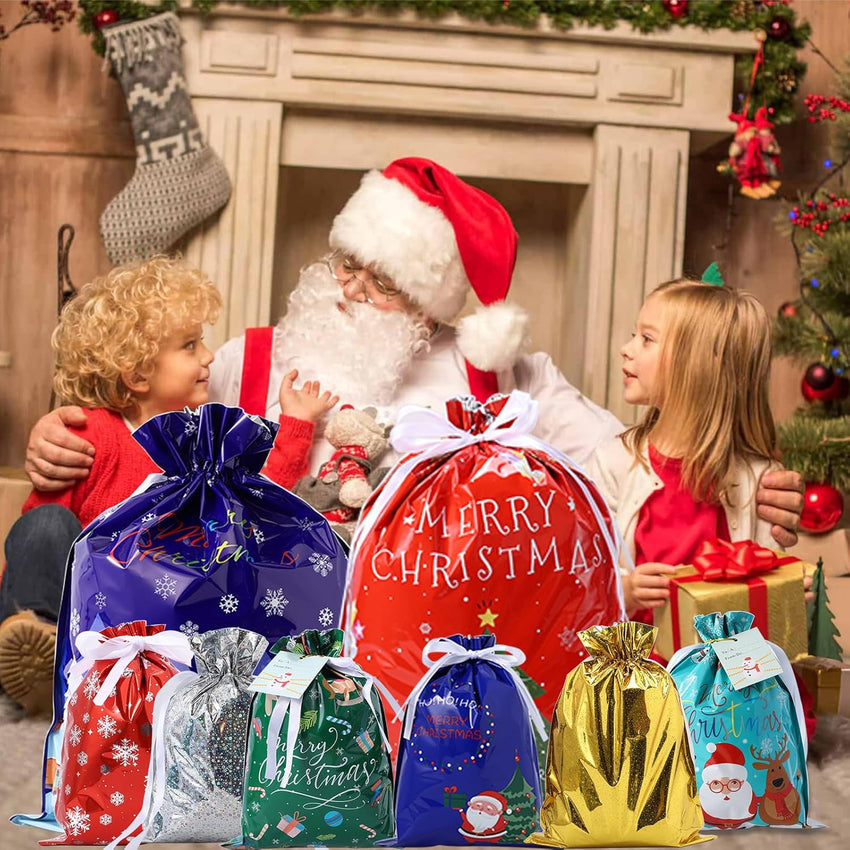 PARTTELY 30 Pack Drawstring Christmas Gift Bags Assorted Sizes Reusable Christmas Tote Bags Gifts Wrapping (22 Pack Drawstring Bags 8 Pack Tote Bags)
