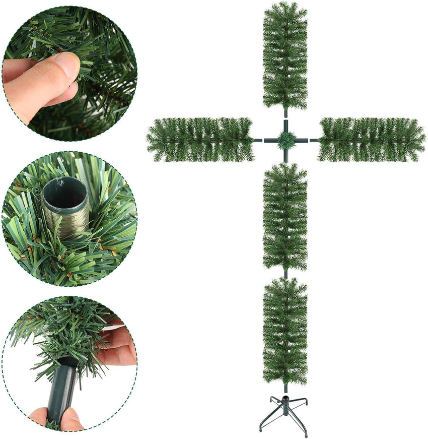 6ft Christmas Cross Tree with 100 Lights and a White Silk Scarf Christmas Decorations Jesus Christ Catholic Cross Decor He is Risen for Outdoor Home Decor (6 ft)