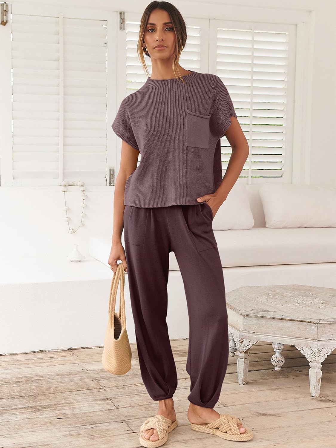 ANRABESS Women's Two Piece Outfits Knit Sweater Vest Crop Top Pants Lounge Matching Tracksuit Sweatsuit Travel Clothes Sets