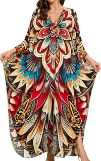 Women Kaftan Dresses Plus Size V-Neck Batwing Sleeves Beach Cover Up 2025 Summer Floral Print Caftan Dress