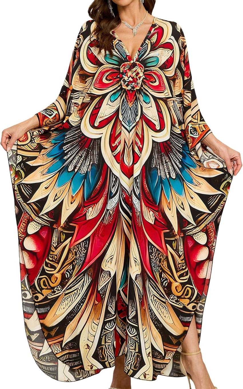 Women Kaftan Dresses Plus Size V-Neck Batwing Sleeves Beach Cover Up 2025 Summer Floral Print Caftan Dress