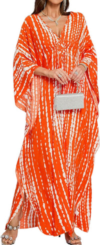 Women Kaftan Dresses Plus Size V-Neck Batwing Sleeves Beach Cover Up 2025 Summer Floral Print Caftan Dress