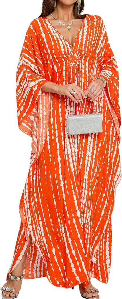 Women Kaftan Dresses Plus Size V-Neck Batwing Sleeves Beach Cover Up 2025 Summer Floral Print Caftan Dress
