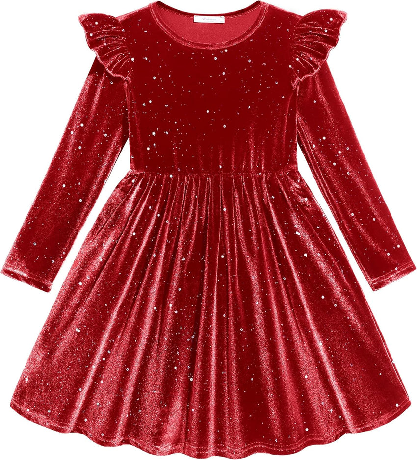 Arshiner Toddler Velvet Dress Little Girls Fall Winter Long Sleeve Ruffle Holiday Birthday Party Dresses with Pockets