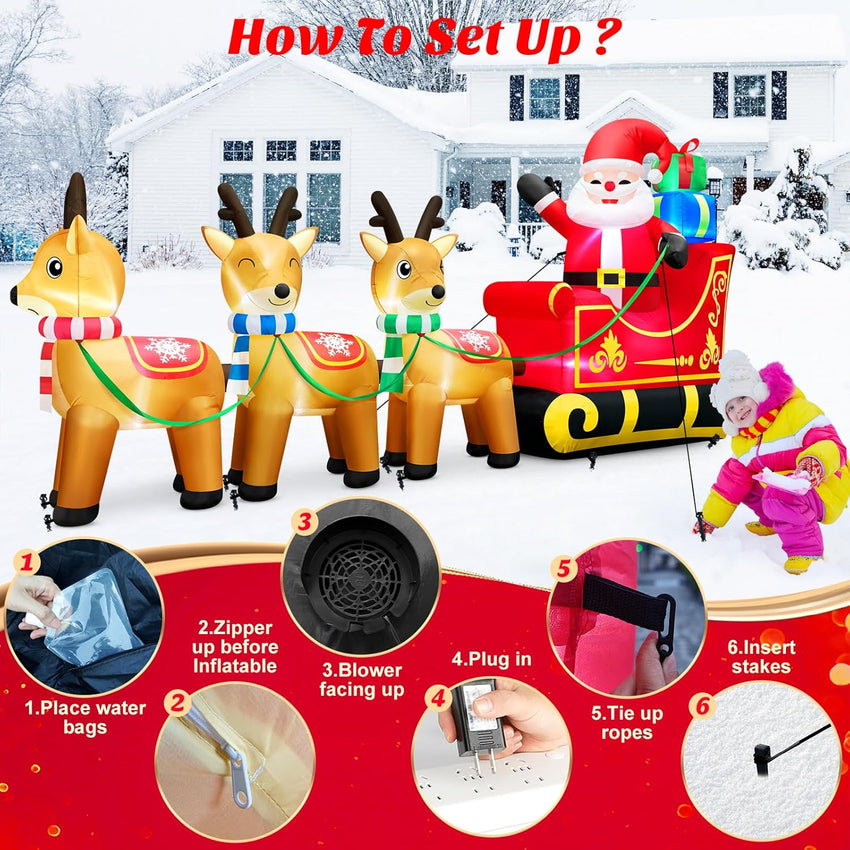 12 Foot Long Christmas Inflatables Santa Claus & Reindeer Sleigh Outdoor Decorations, Built-in LEDs Giant Funny Sled Merry Xmas Blow Up Yard Decoration Winter Inflatable Vacation Lawn Outside Blowups